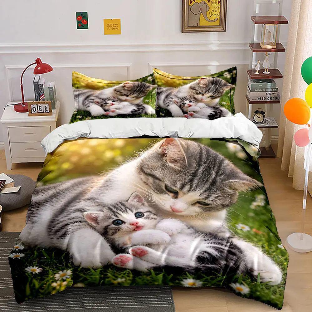 Mother cat cuddling kitten Bedding Set for Kids Luxury Gift 3pcs Digital Print Comforter Set Soft Comfortable Breathable