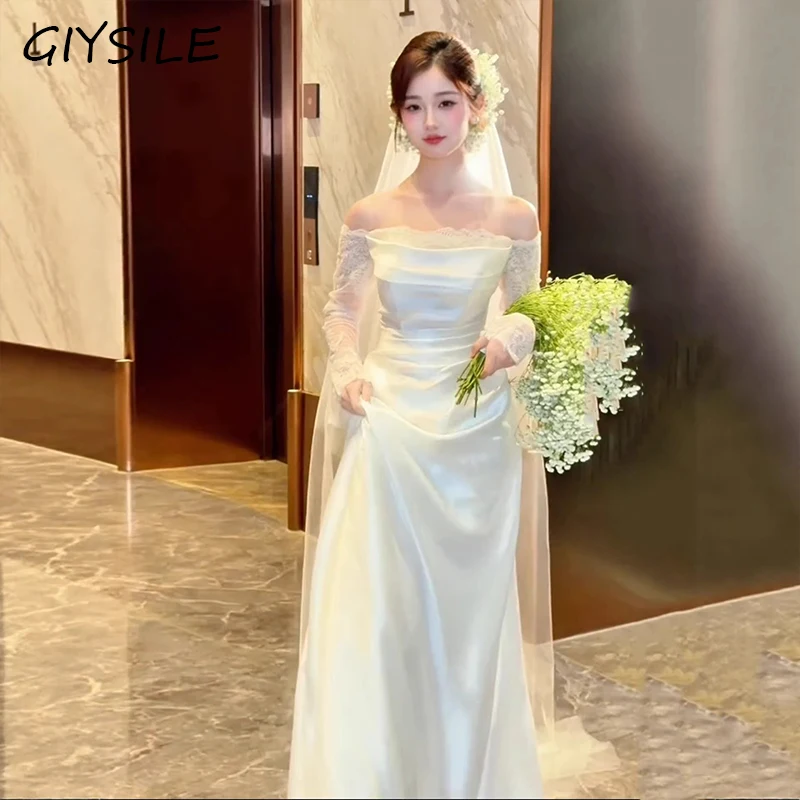 Off‑Shoulder Satin Wedding Dresses Long Lace Sleeve Bridal Gown Ruched Slim Fit Floor Length Elegant Bride Dress For Wedding