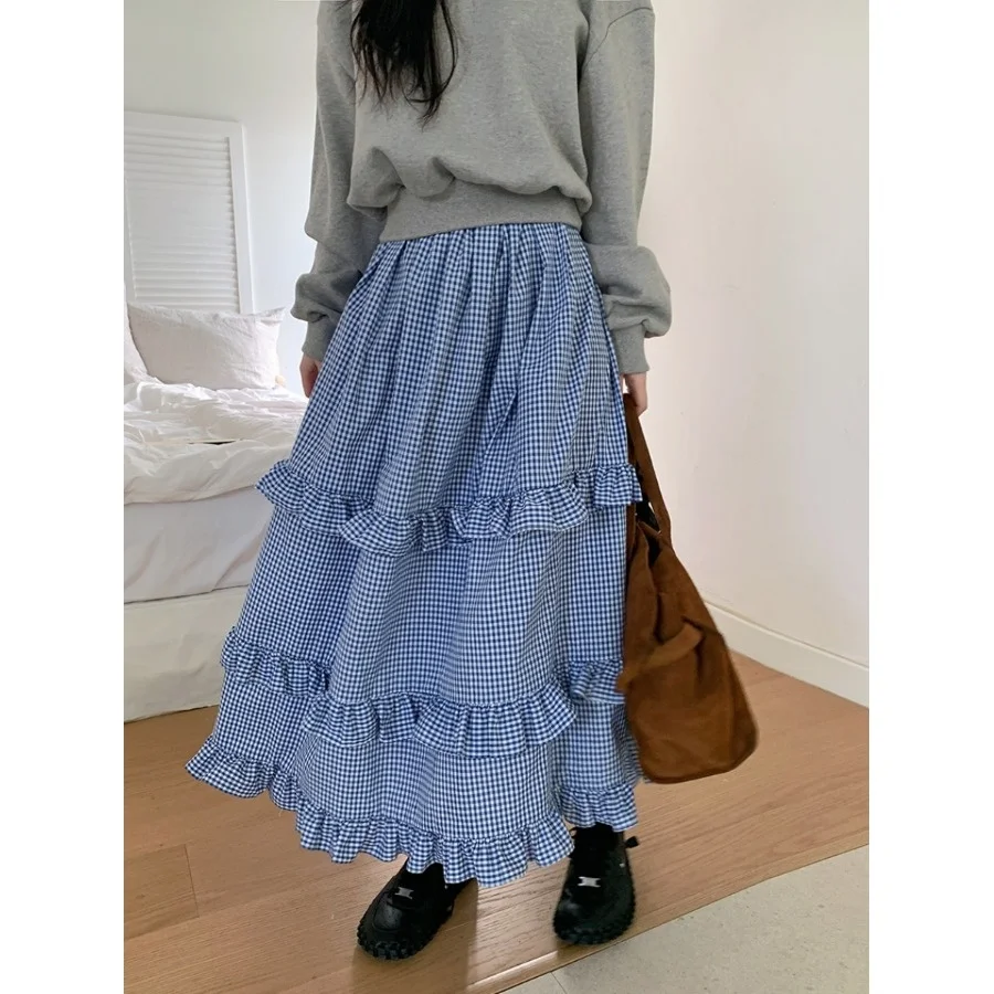 Princess Style Plaid Long Skirt with Wooden  Baking Cake Skirt High Waist Commute Patterned Autumn Season Chinese Made