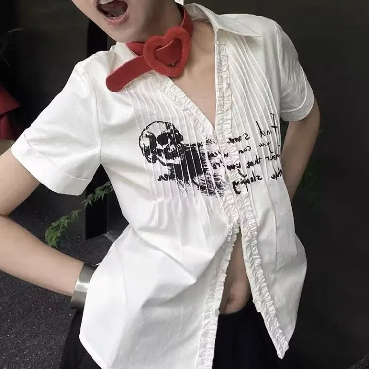 Y2k Aesthetics Pleated Shirt Grunge Gothic Skull Print White Shirts Trashy 2000s Style V-neck Blouses Japanese Harajuku