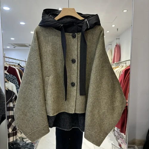 유럽 스타일 2024 가을 겨울 신상품 패션 풋웨어 여성용 두꺼운 니트 코트 양모 재킷 여성용 컬러 컨트라스트 헤드 캡 