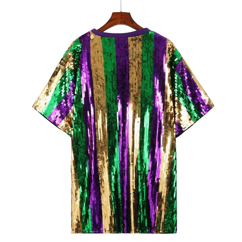 Streetwear Striped Patchwork Color Sequined Short Sleeve T-Shirt For Women's Summer New High Quality O Neck Loose Hip Hop Tops