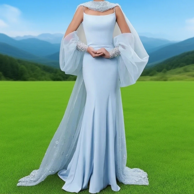

Luxury Spaghetti Straps Mermaid Floor Length Evening Dress Sexy Open Back with Beading Sweep Train Women Formal Customized Gown
