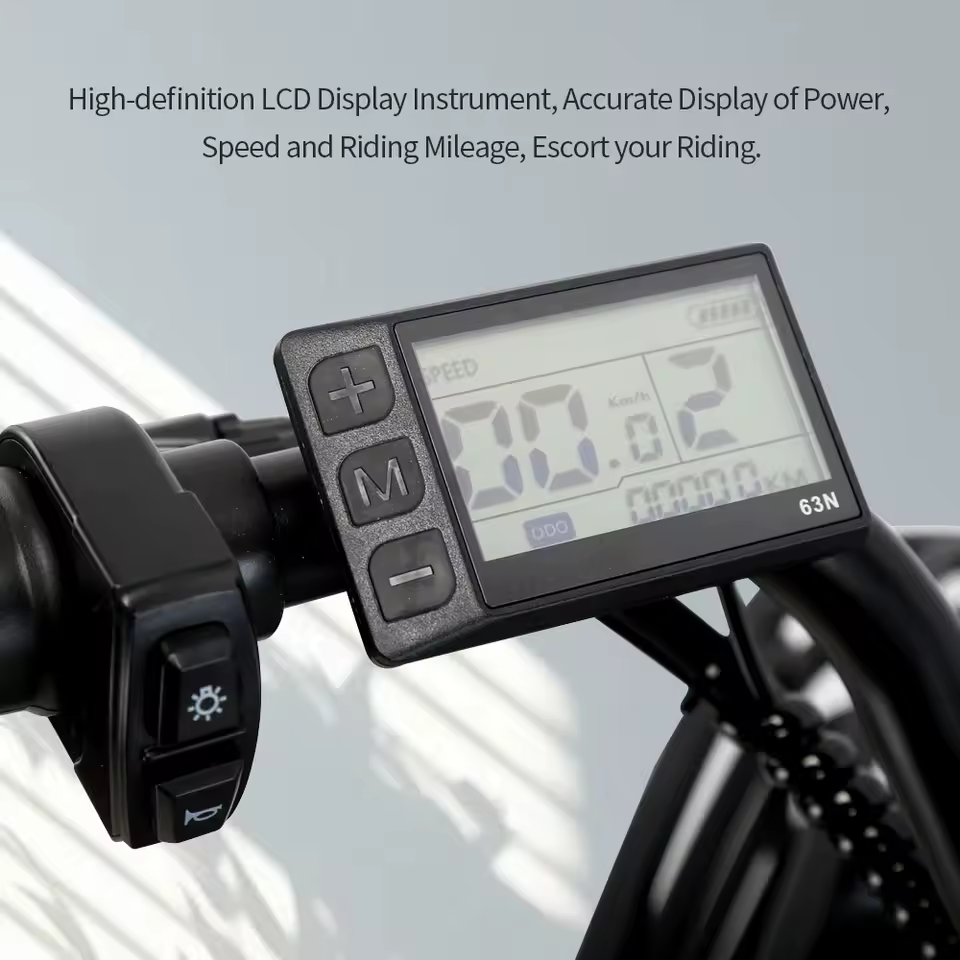 [바구니와 짐받이가 달린 시티 전기 자전거의 뒷모습]