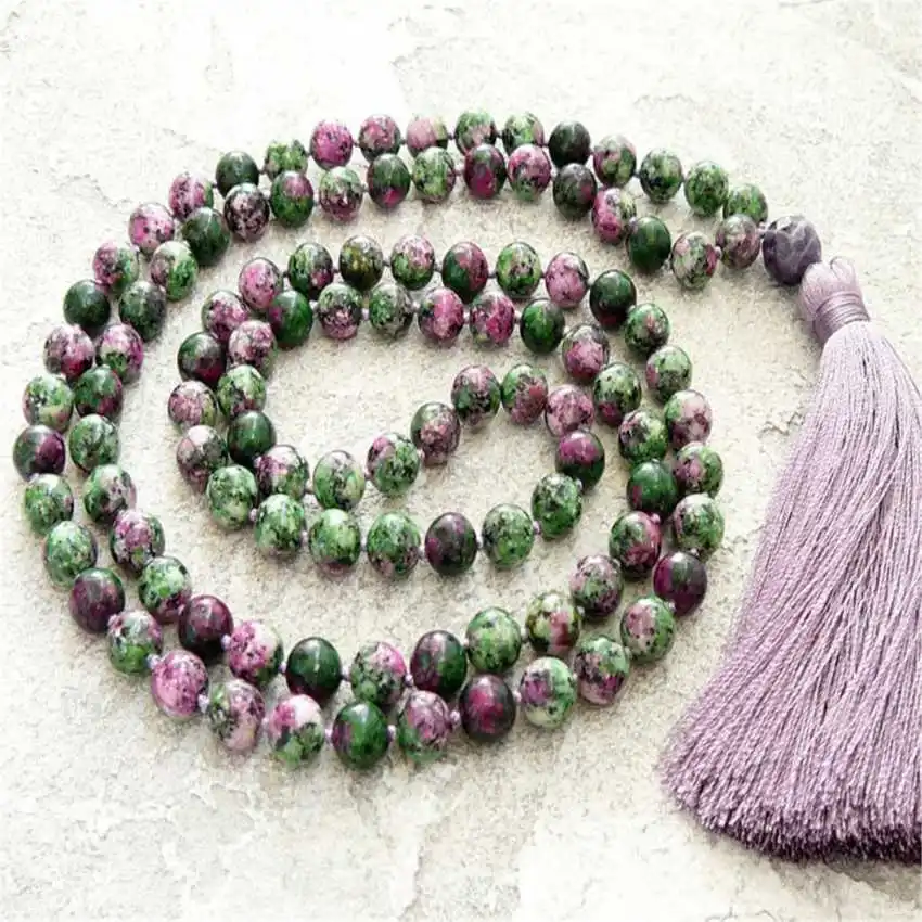 

Elegant Ruby in Zoisite 108 Mala Beads Necklace with Natural Gemstones for Meditation