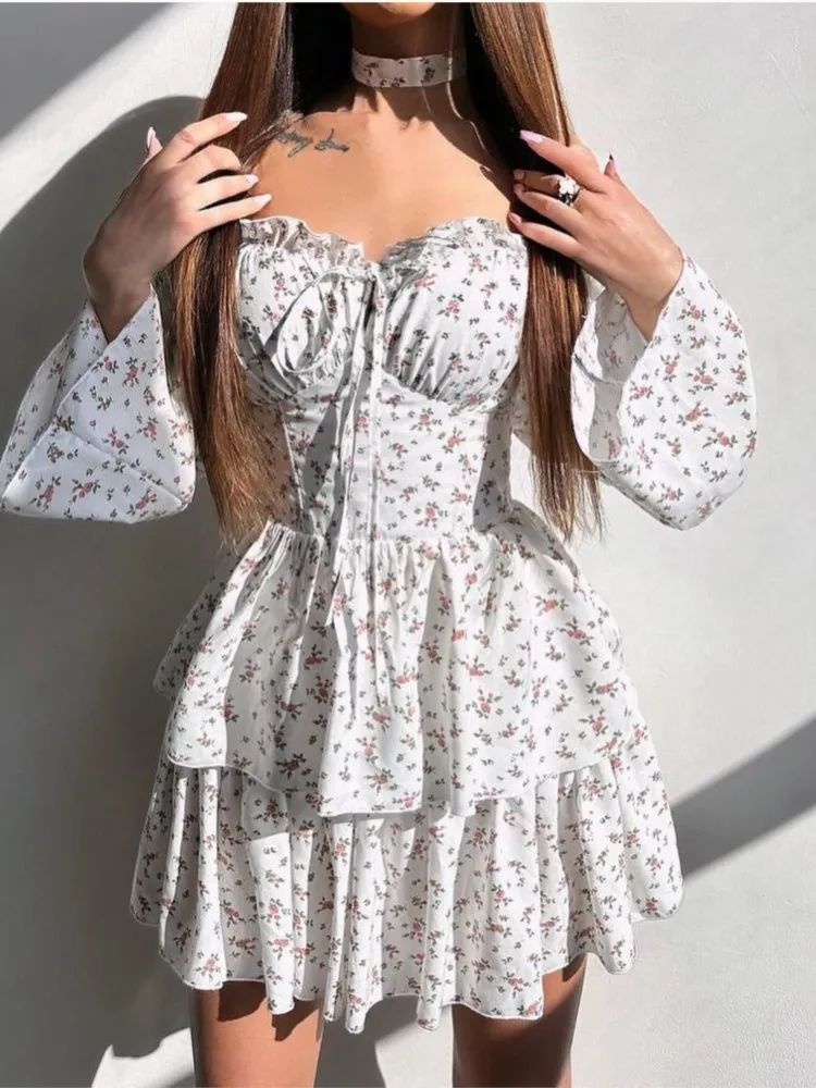 2025 Spring And Autumn Women's Dresses Square Neck Lace Retro Floral Dress Seaside Vacation Casual Beach Short Dress