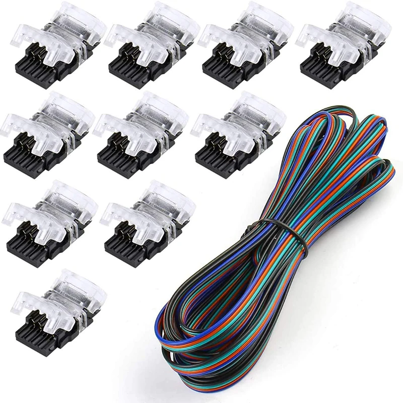 10pcs 4 Pin LED Connector for Waterproof 10mm RGB 5050 LED Strip to Wire Quick Connection Include 5M 22AWG 4pin Extension Cable