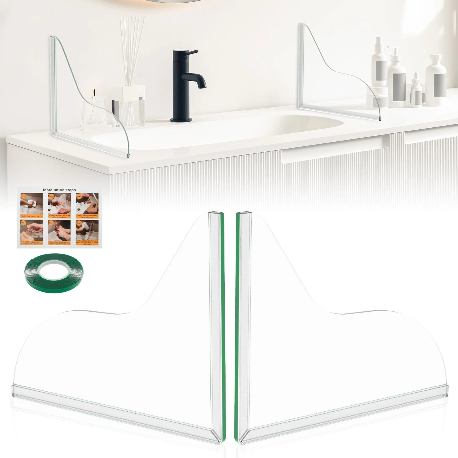 2Pcs Self- Adhesive Shower Splash Guard Acrylic Transparent Bathtub Water Guards Easy to Install Wash Basin Water Blocking