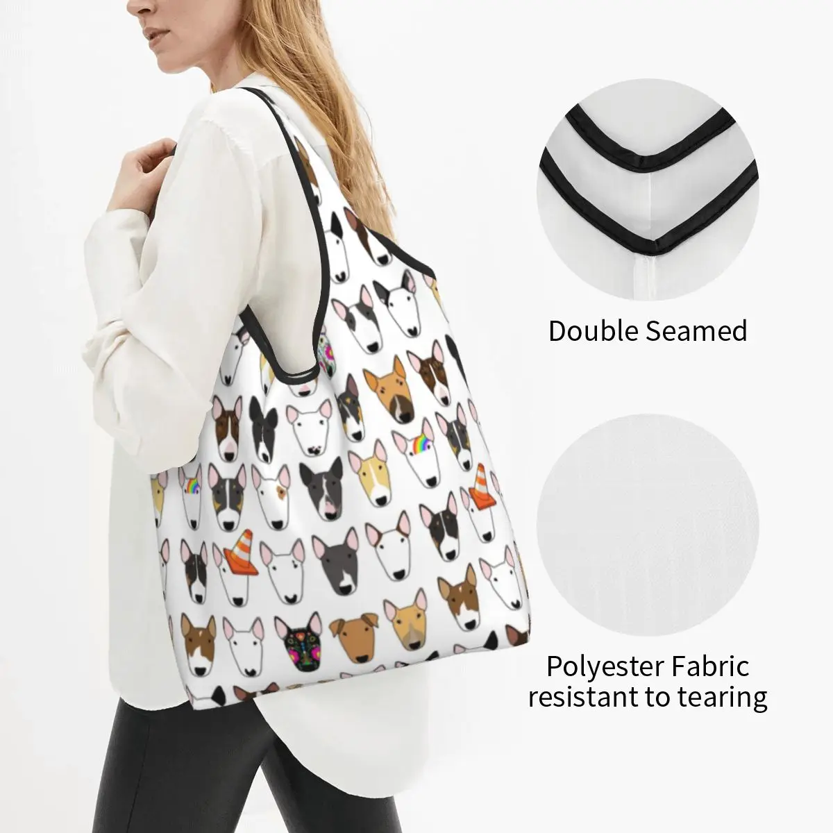 Custom Fashion Print Multi Bull Repeat Tote Shopping Bags Portable Shopper Shoulder Dog Lover Bull Terrier Handbag