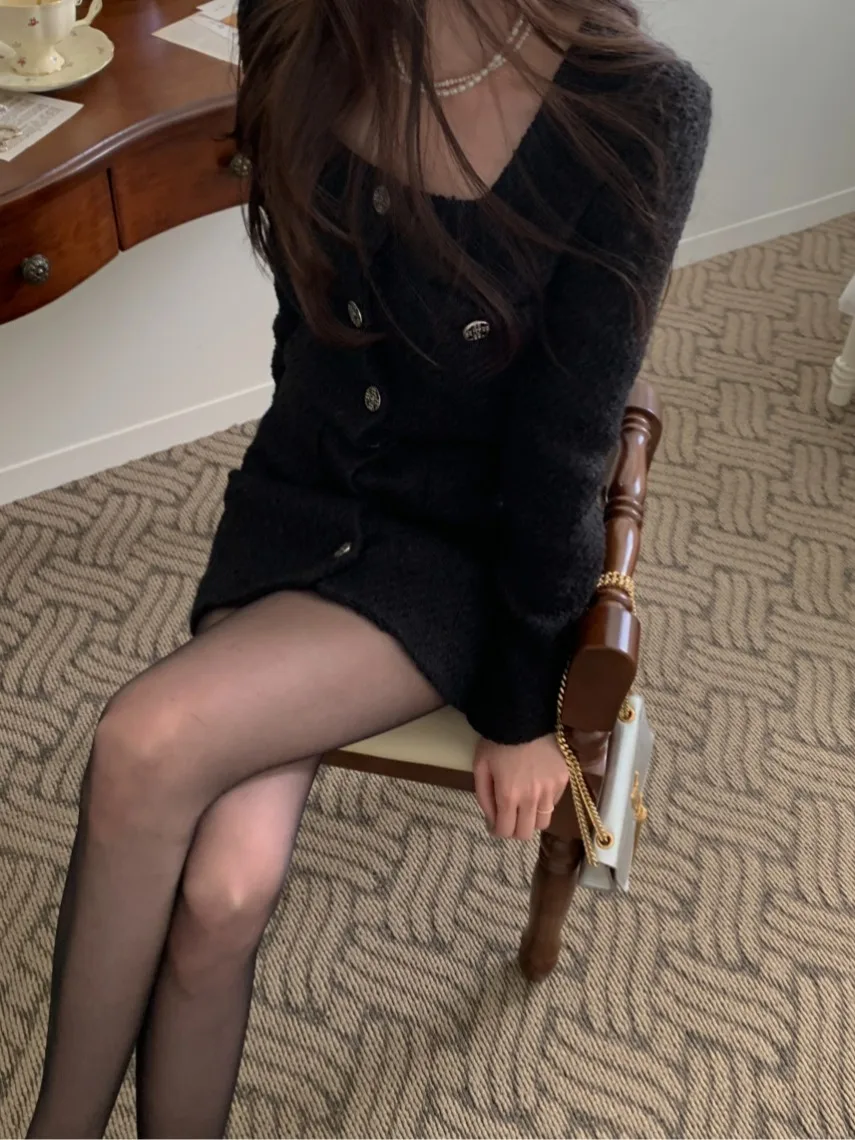 Шикарный дизайн с металлическими пуговицами Long Sve Coarse Tweed Dr Ele с квадратным воротником, однорядный дизайн на пуговицах, женский Dr