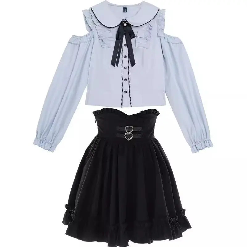 Japanese Kawaii Girl Sweet Lolita Blouse Hollow Out Shirt Y2k Aesthetic Lace Bow Ruffled Women JK Loose Blusas Elegant Camisas