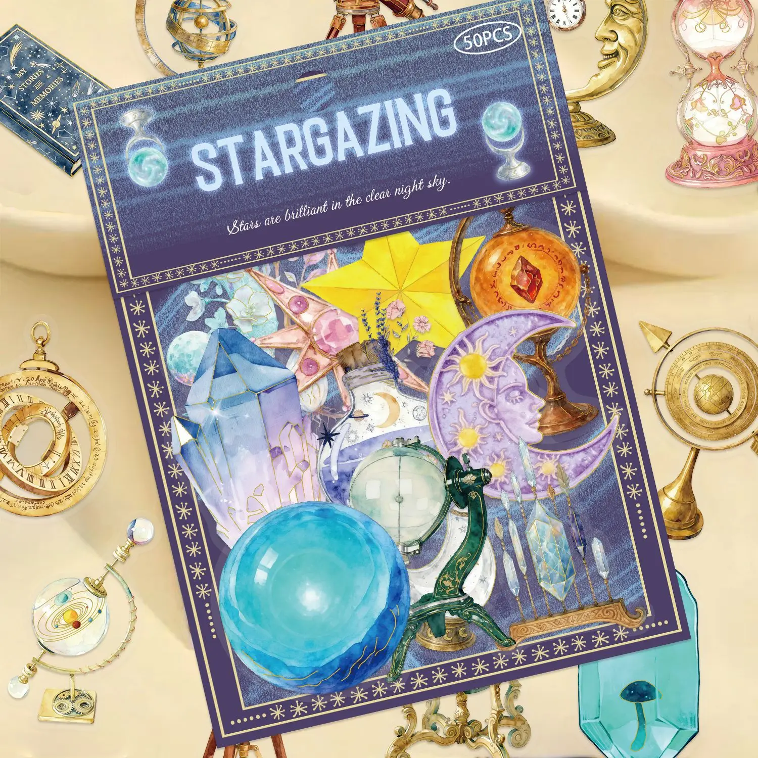 50PCS Retro Astronomy Universe Planets Golden Foil Stickers Aesthetic Apothecary Gothic Magic Crystal Decals DIY Laptop Notebook
