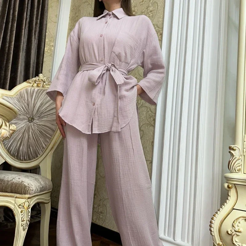 Women's Shirt Summer Thin Pocket Long Sleeve Button Waistband Mop-Up Pants Full Wrap Breathable Loose Trendy Female 2-Piece Sets