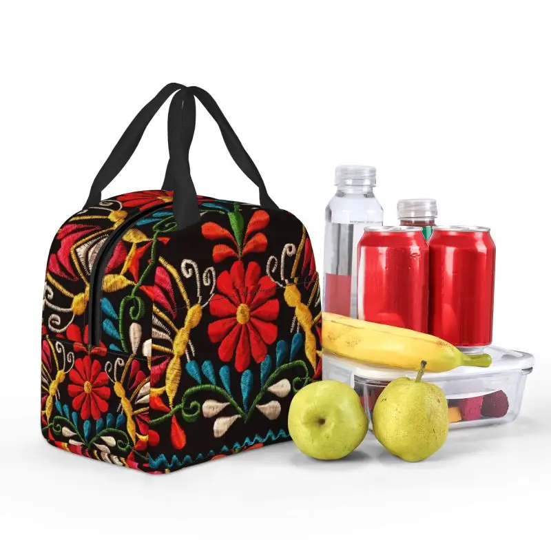 Mexican Butterflies And A Red Flower Thermal Insulated Lunch Bag Colorful Portable Lunch Tote for Work School Storage Food Box