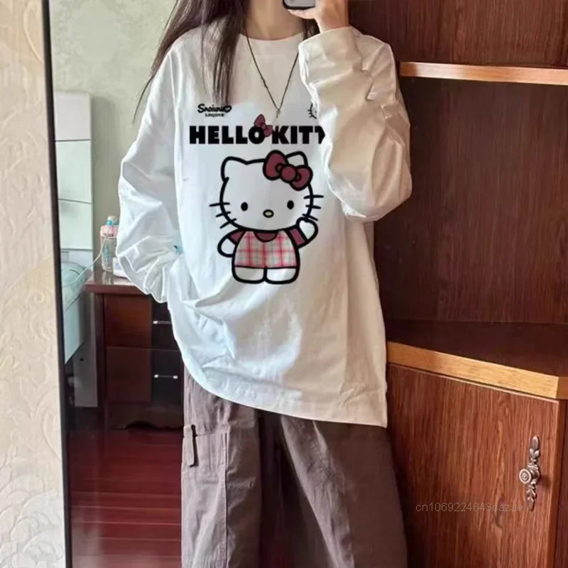 Sanrio Hello Kitty Cute Sweet Cartoon Long Sleeve T-shirt Women New Autumn Loose Casual Top American Style Simple Versatile Tees