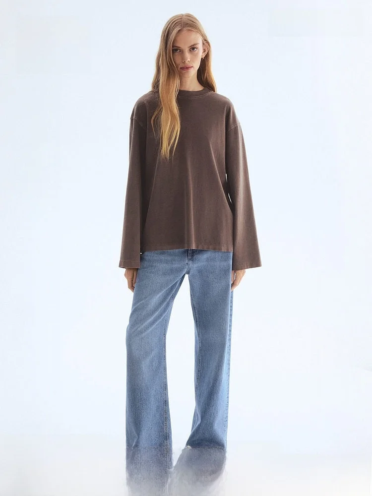 

Весенняя женская хлопковая футболка HM с эффектом выстиранности, повседневная, свободного кроя, однотонная, для ежедневной носки, комфортный базовый топ