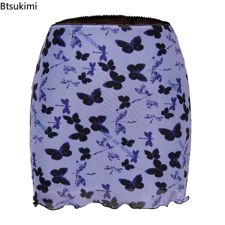 Women's Skirt Floral Print Mesh Double Layer High-waisted Mini Skirts 2026 New Summer Streetwear Club Party Vintage Y2K Skirt