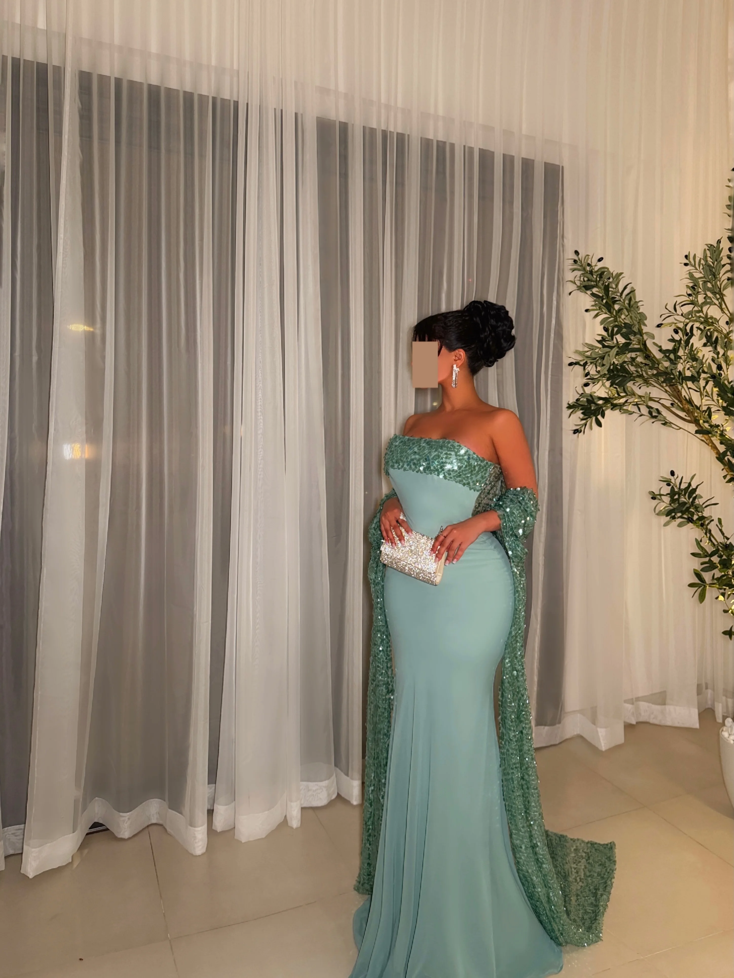 Customized Lake Blue Mermaid Strapless Evening Dresses Bridal Party Chest with Sequins Ribbons Chapel Train Exquisite Prom Gowns