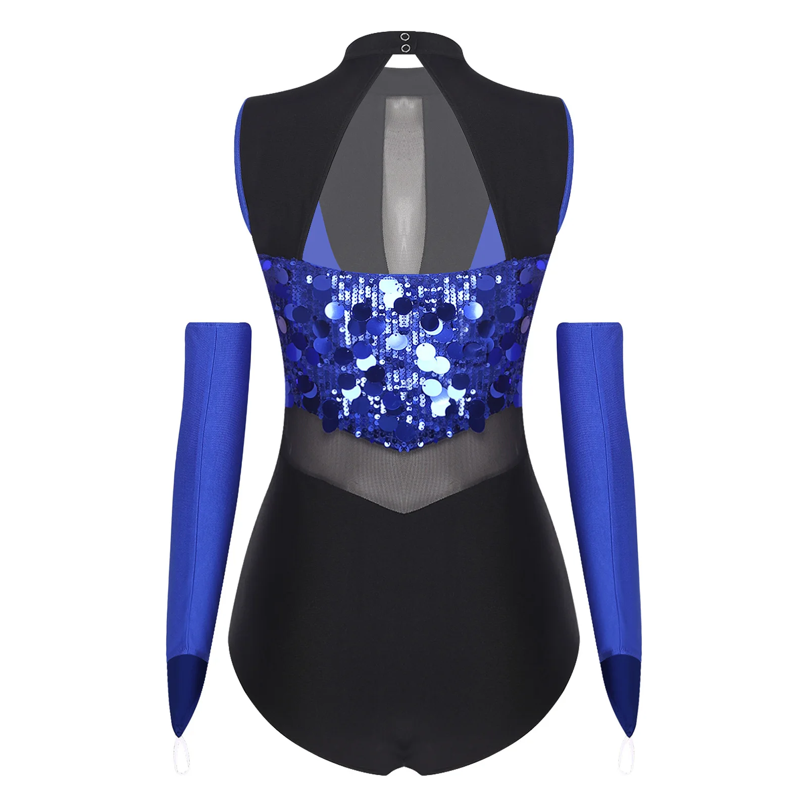 Women Jazz Latin Leotard Gymnastics Dance Performance Outfit Sleeveless Mesh Waist Cutout Sparkling Sequins Bodysuit with Gloves