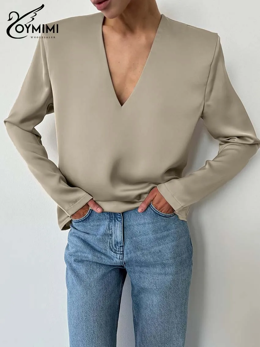 Oymimi أنيقة الكاكي الخامس الرقبة قميص نسائي موضة بسيطة طويلة الأكمام قمصان الخريف عادية الصلبة الساتان قمصان الإناث الشارع الشهير #1