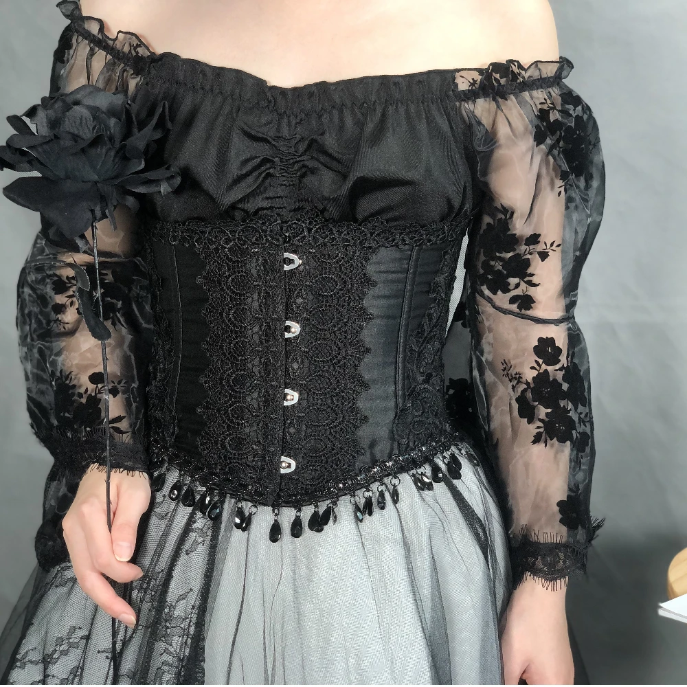 23cm Torso Girdle Lolita Style Waistband Steel Bones Tassel Waist Trainer Goth Clothes Women Punk Gothic Underbust Short Corsets