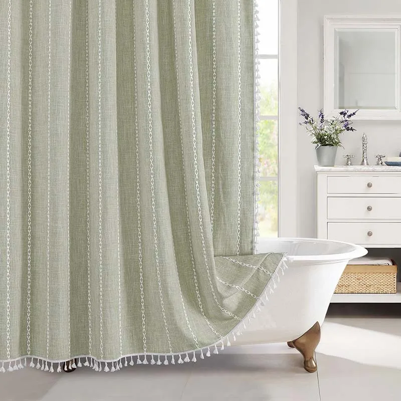 Waterproof Resistant Tassel Bathroom Partition Curtain Linen Textured Embroidery Shower Curtain with 12 Hook Boho Bathroom Decor