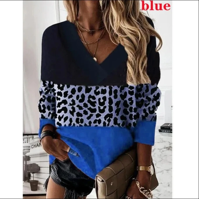 Spring New Pattern Women T-Shirt Loose Casual Long Sleeve Leopard Print Floral Print V Neck Spring And Autumn Tops Blouses