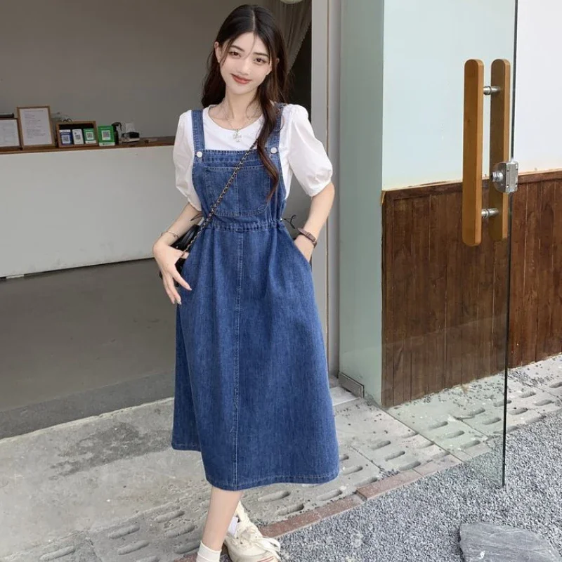 2024 Fashion Women Denim Suspender Skirt Spring Summer Causal Strap Skirt Female High Waist A-line Solid Lace-up Women Skirt