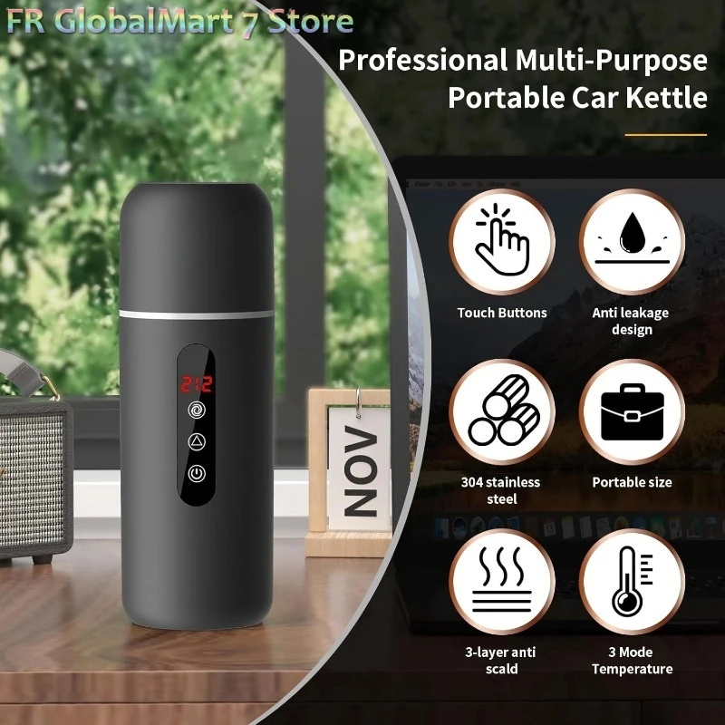 Bouilloire universelle pour voiture 12V 24V, tasse de voyage électrique de 500ml avec contrôle de la température, 3 Modes de chauffage, tasse Thermos en acier inoxydable pour voiture