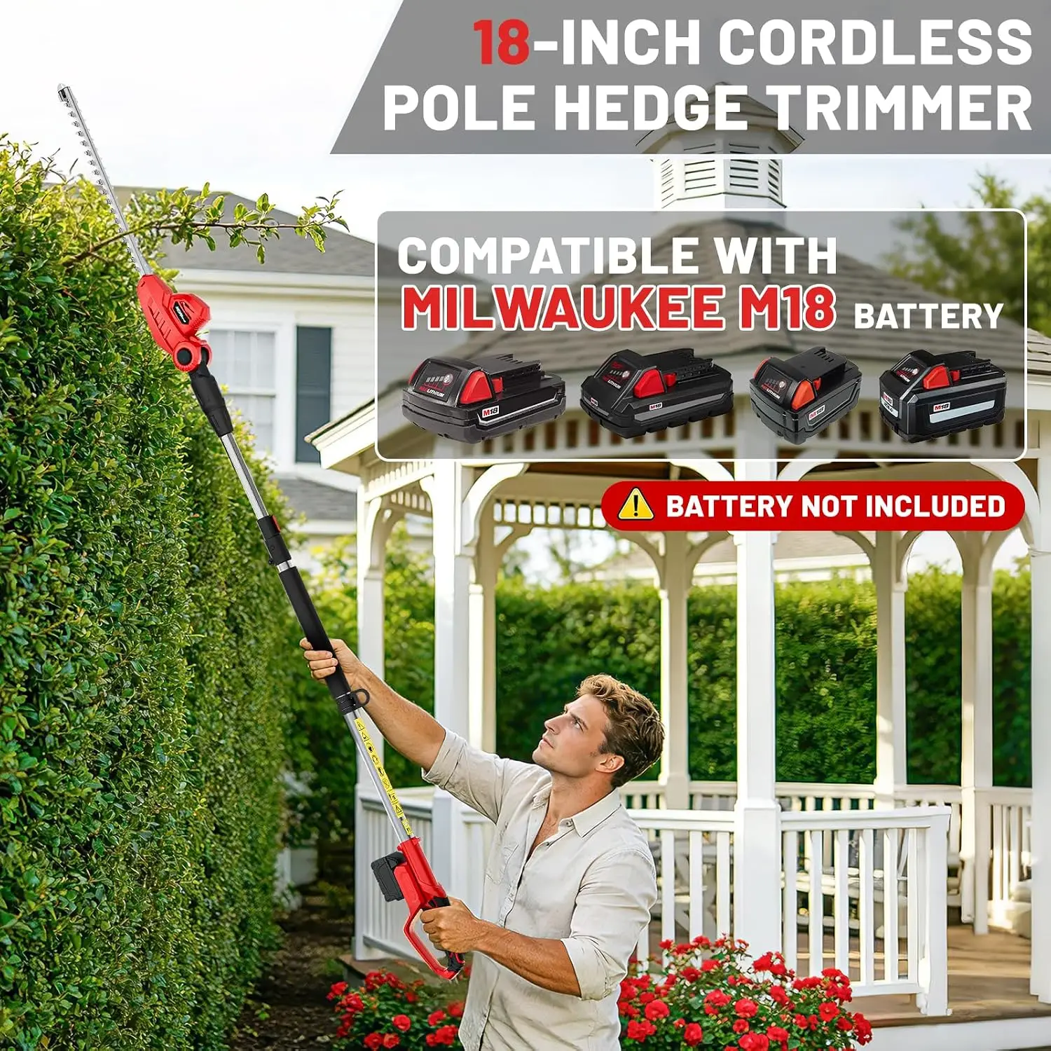 Cordless Pole Hedge Trimmer Compatible with Milwaukee M18 Battery | 18-in, 14-ft Max Reach, 150° Adjustable Head (Battery Not