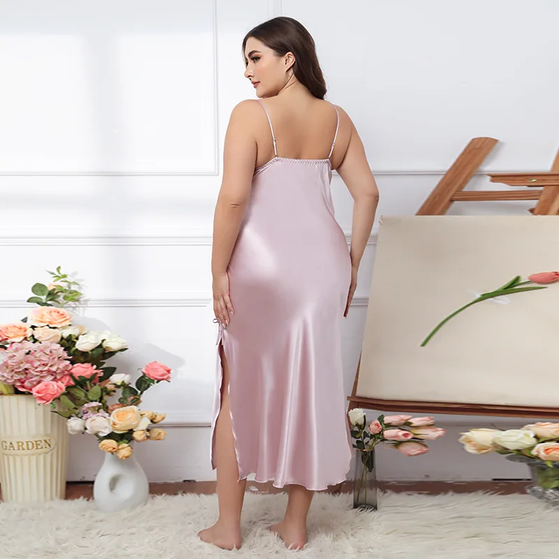 Large size Women Sleepwear Summer Homewear Solid Satin Seemless Midi Nightdress Plus Size Spaghetti Strap Nightgown 60-75kg