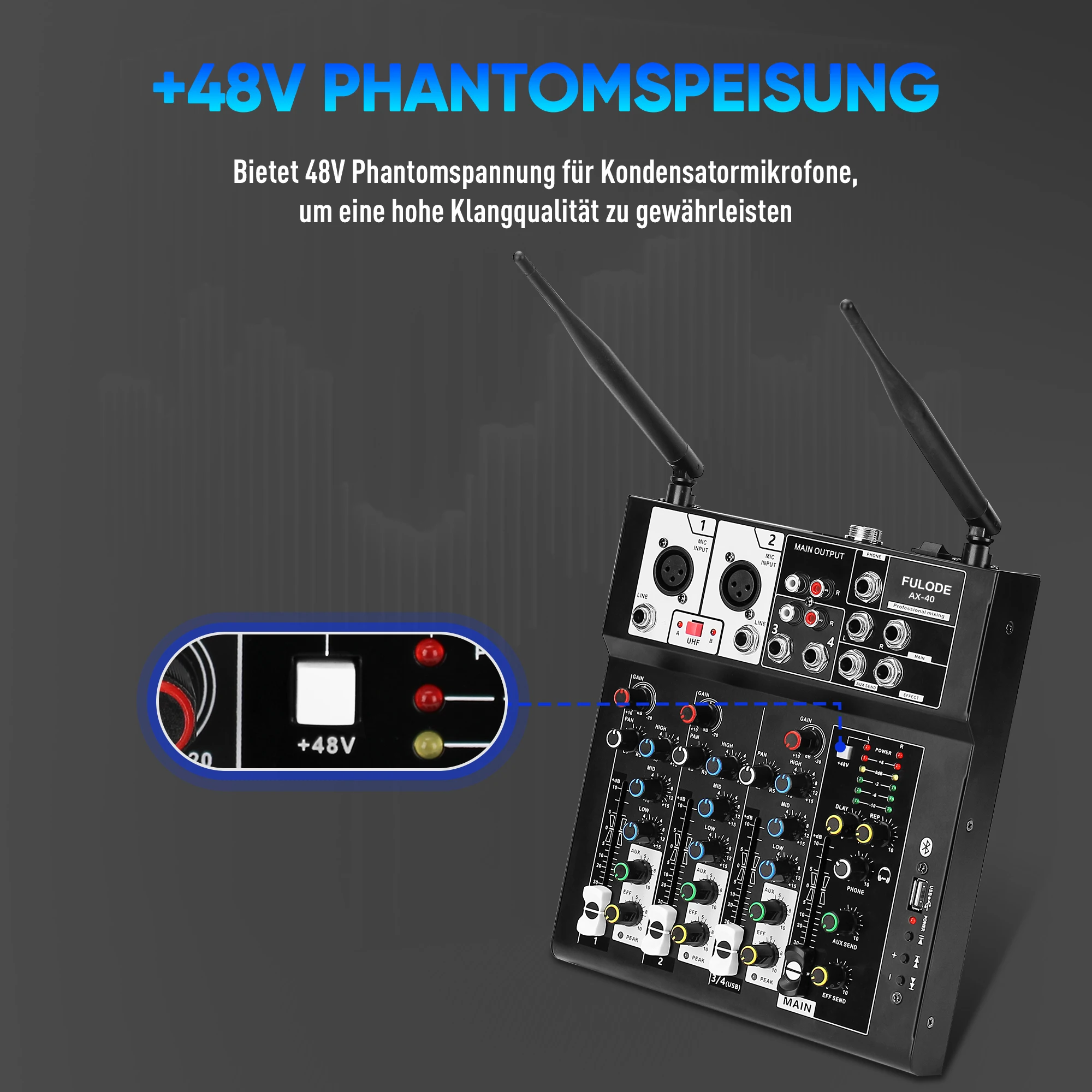 FULUODE AX-40 ミキサーとマイクキット、プロ仕様のサウンドエフェクト調整とリアルタイムの音質最適化機能付き