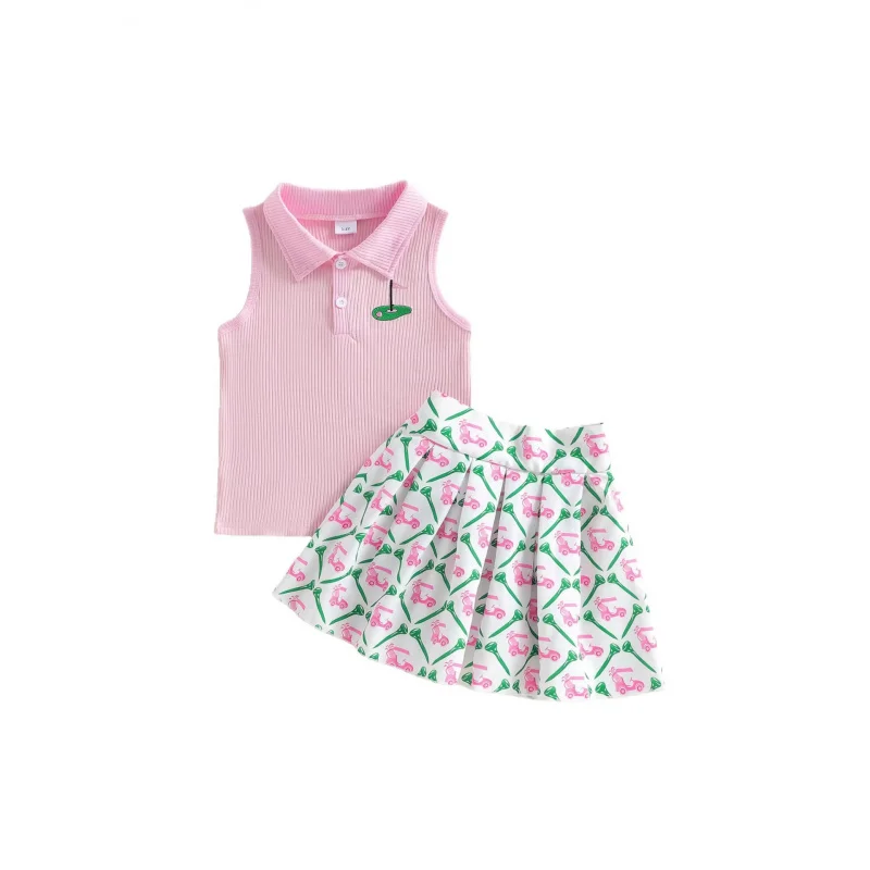 

Best-selling girls' summer sleeveless dress POLOCollared vest top＋Pleated A Short skirt suit