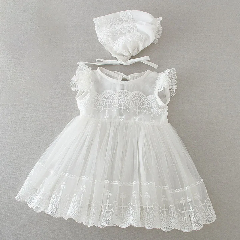 Christening Dress for Baby White Lace Baptism Dresses+Bonnet Summer Flower Girl Wedding Party Dress Baby Christening Outfits 1Y