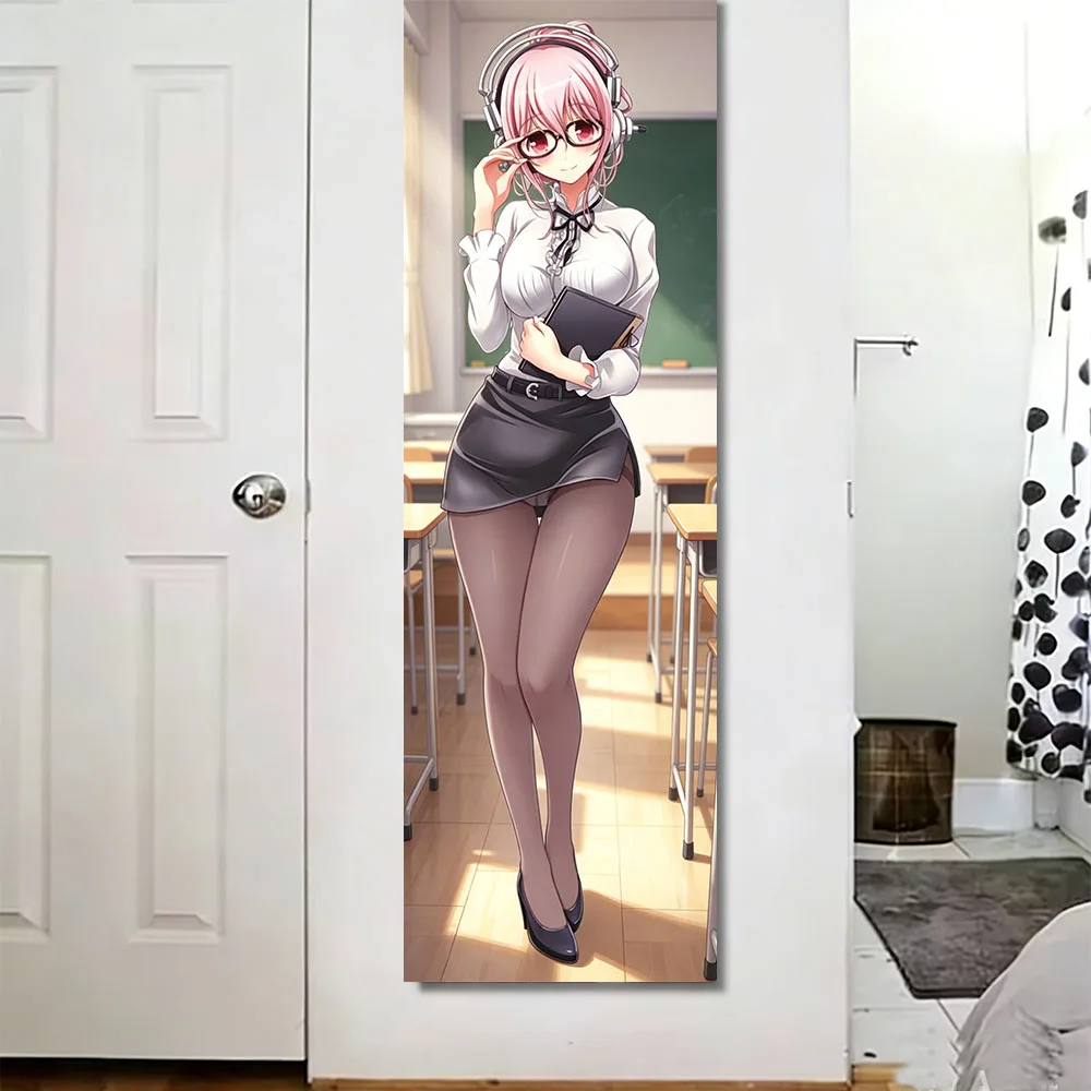 Rosa Haar Anime Lehrerin Mädchen Langer Wandteppich Klassenzimmer-Szene Wandbehang für Schlafzimmer Wohnheim Ästhetische Dekoration