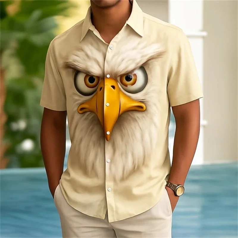 Hawaiian Men's Shirts Funny Animal Face Shirt For Men New Fashion Cartoon Rooster Wolf Face Casual Vintage Harajuku Blouse