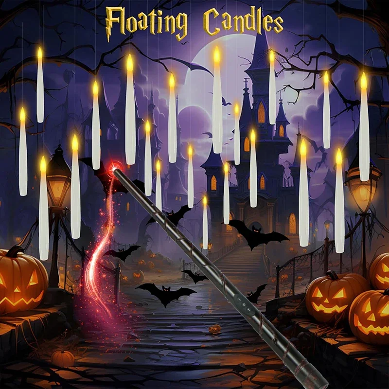 Remoto Flickering Warm Light LED Flameless Taper Candle, varinha mágica flutuante, operado a pilhas, festa de Halloween, 8-24 pcs