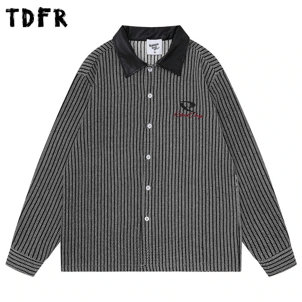 

Retro Letter Embroidery Striped Shirts Mens Autumn Casual Loose Single Breasted Spliced Lapel Long Sleeve Shirts Man