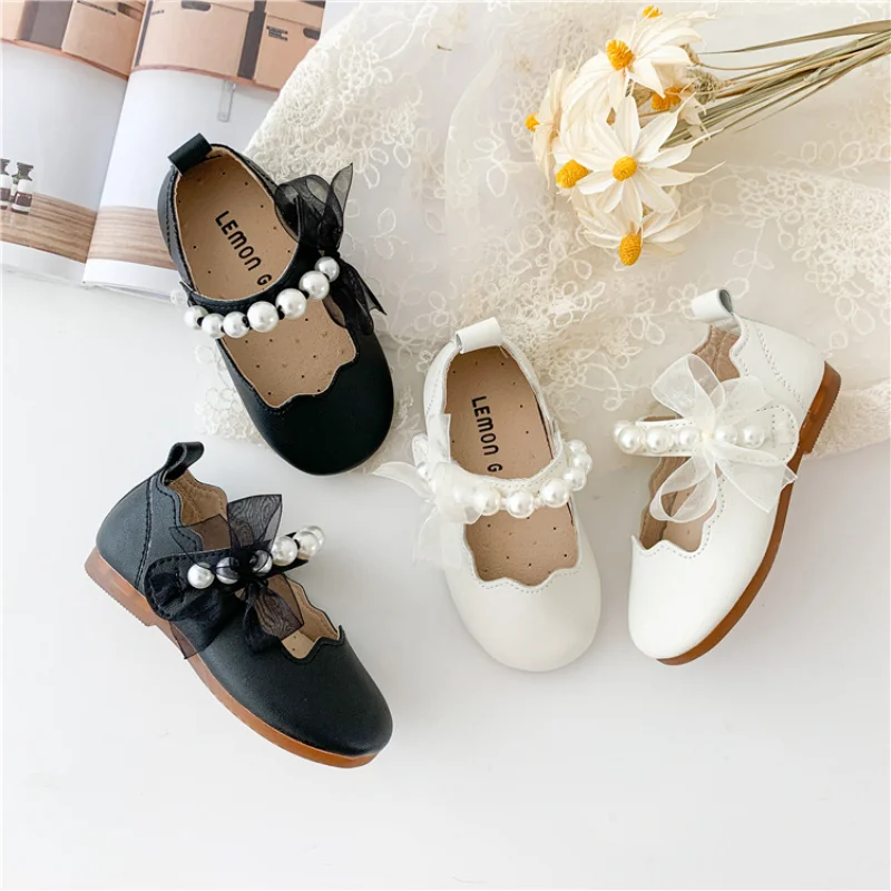 Tenis Girls Leather Shos Spring Autumn New Soft Soled Little Girl Princess Shoe Toddler Performance Fashion Lace Pearl Kids Shoe