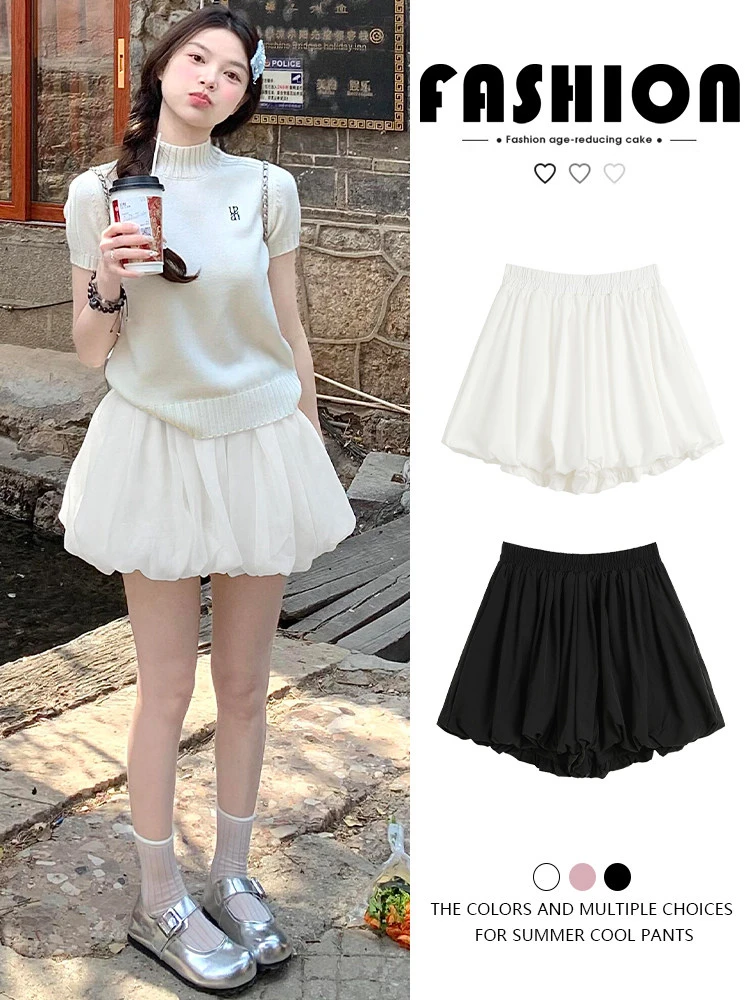 

White Flower Bud High Waist A-Line Loose Casual Shorts for Women Outerwear Wide Leg Short Pants Summer Collection