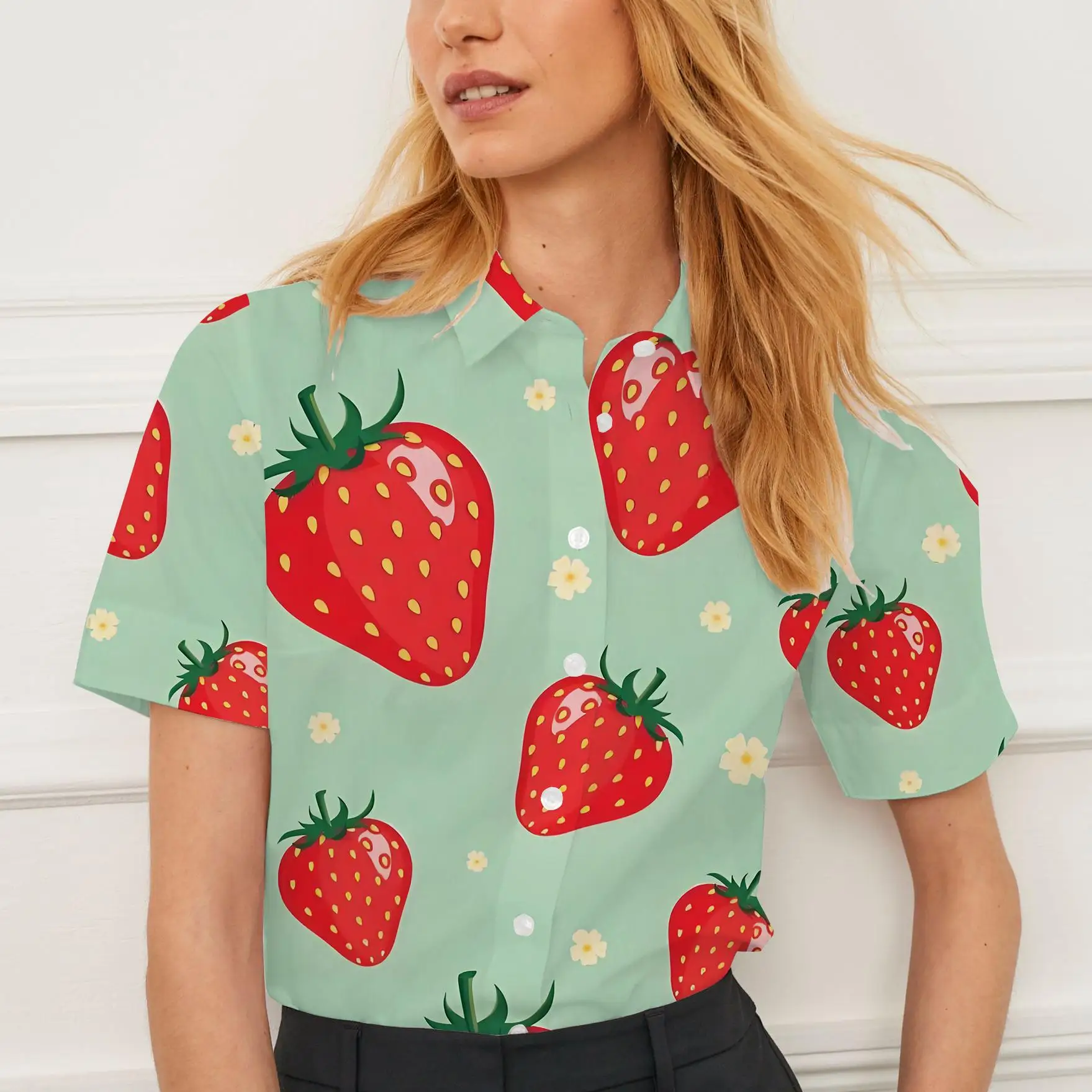 قميص نسائي صيفي كاجوال بأكمام قصيرة وطباعة فاكهة على الموضة للسيدات كاجوال