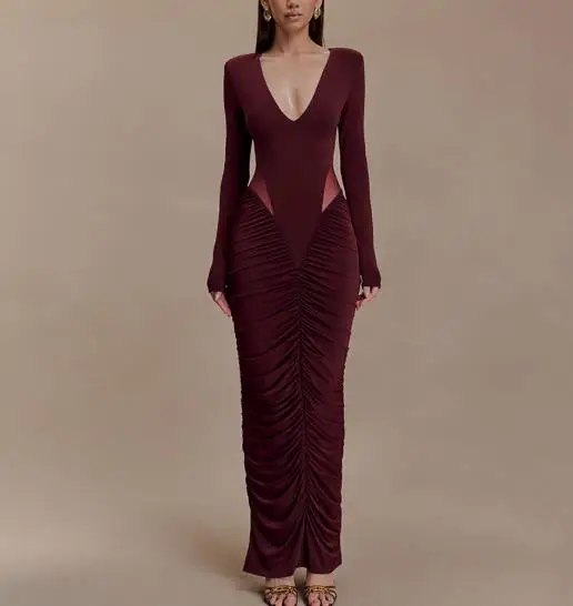 

2025 Autumn and Winter New Solid Color Long Sleeved Deep V-Neck Sexy Pleated Hollow Out Hip Hugging Dress