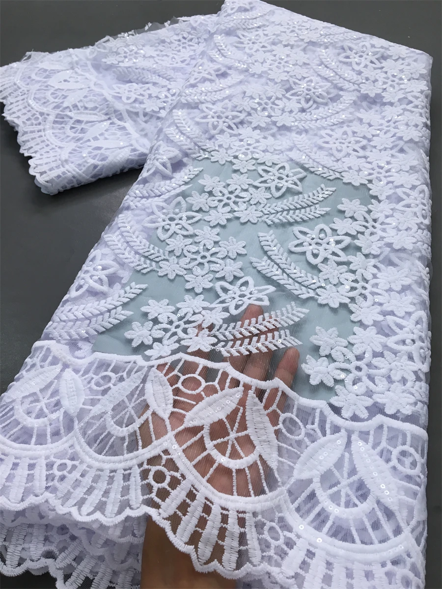 White African Guipure Cord Lace Sequins Fabrics High Quality Water Soluble Lace Embroidery Party Dresses For Women,5yards 4043