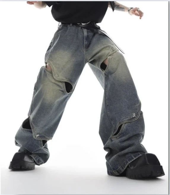 Men's High Waist Jeans with Deconstructed Metal Button Design and Wide Leg Perfect for Summer Casual