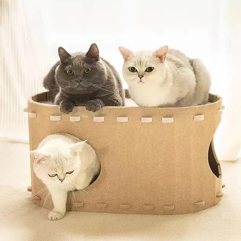 2-in-1 Foldable Cat Hideaway House Dual Layer Felt Lounge Pet Play Space for Indoor Cats