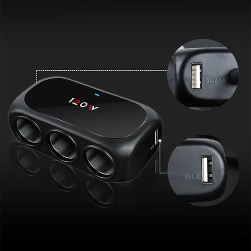 Imagen 2 del producto 3 en 1 doble enchufe UsB encendedor de cigarrillos de coche Adapte 12v 24v divisor LED adaptador de enchufe de cargador rápido para lPhone GPsDashcam
