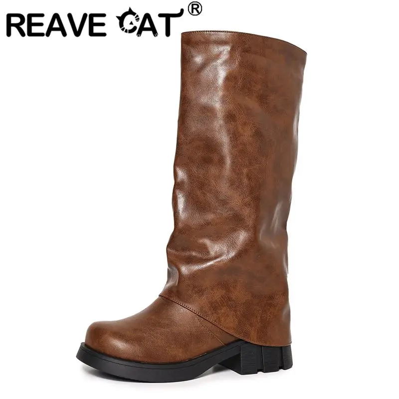 

REAVE CAT Women Knee High Boots Round Toe 6cm Chunky Heels Slip On Extended Size 41 42 43 Non Slip Casual Tall Tube Bota Daily