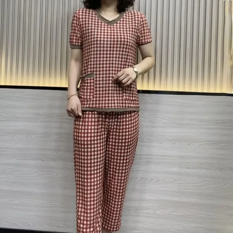 Women\'s Clothing All-match Plaid Short Sleeve T-shirt Suit 2023 Summer New Casual Fashion High Waist Cropped Pants Two Piece Set