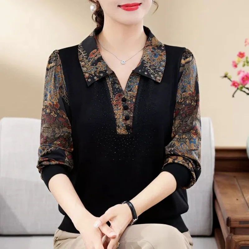 Large Size Middle-aged and Elderly Mother Shirt Autumn and Winter New Retro Printed T-shirt Loose and Slimming Collared Top