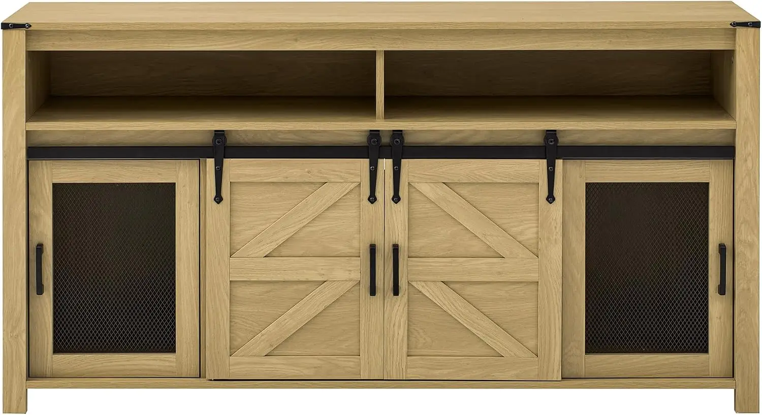 Farmhouse Buffet Cabinet Sideboard with Sliding Barn Door and Mesh Panels, 59.3'' Coffee Bar Cabinet with 2 Open Cubbies and 2 S